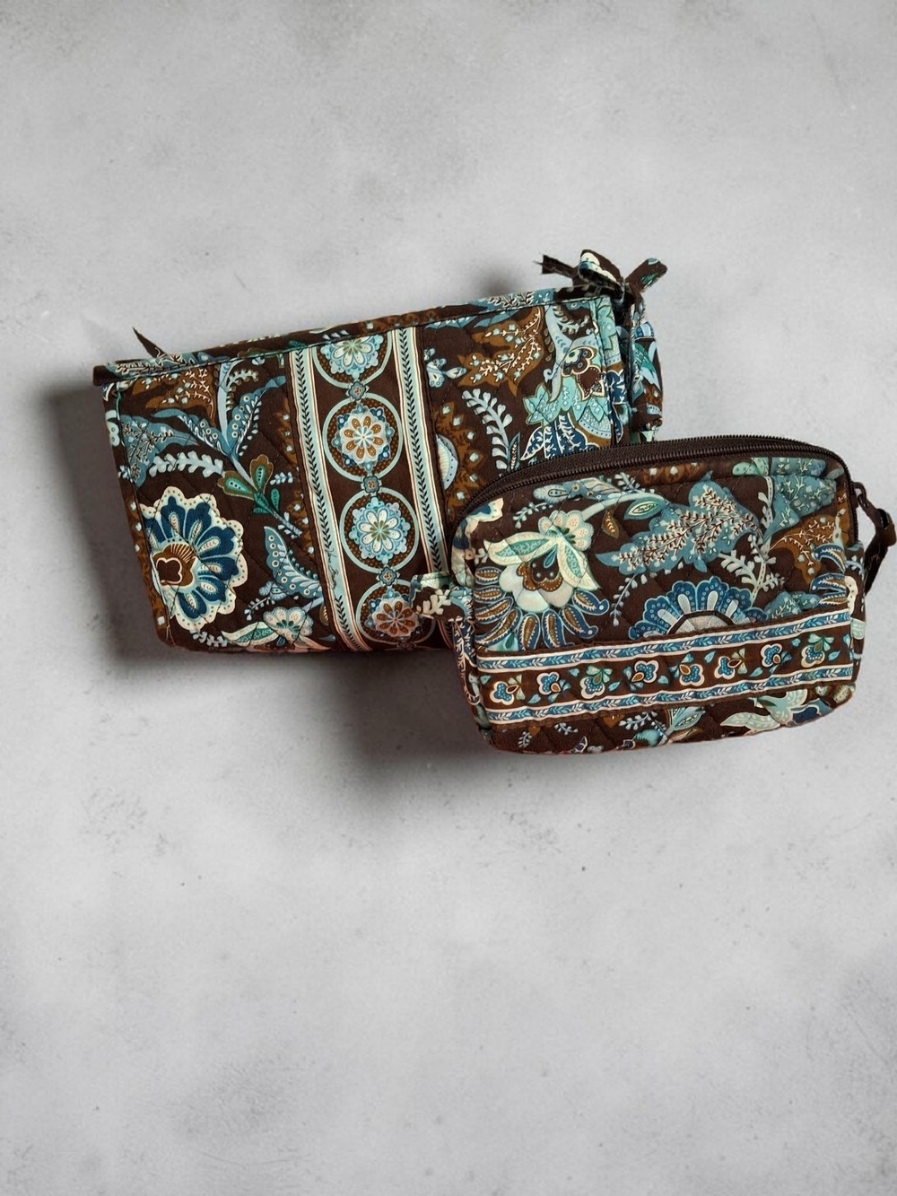 Vera Bradley Quilted Java Blue Floral Zip Pouch Set - Brown & Teal